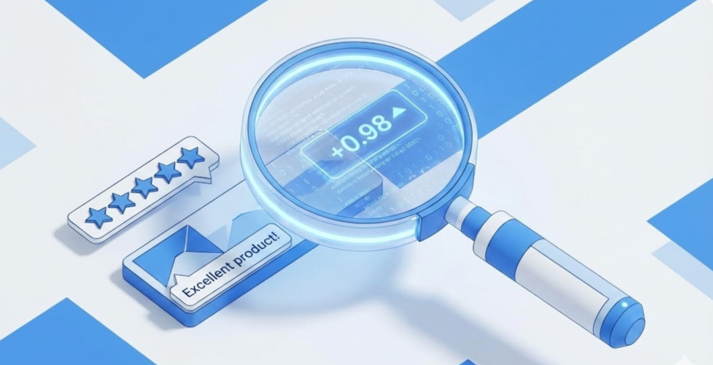 An illustration of a magnifying glass looking at a 5 star review of a business, zoomed in on a +0.98 sentiment analysis score, representing how Google's AI weights positive reviews into its ranking system.