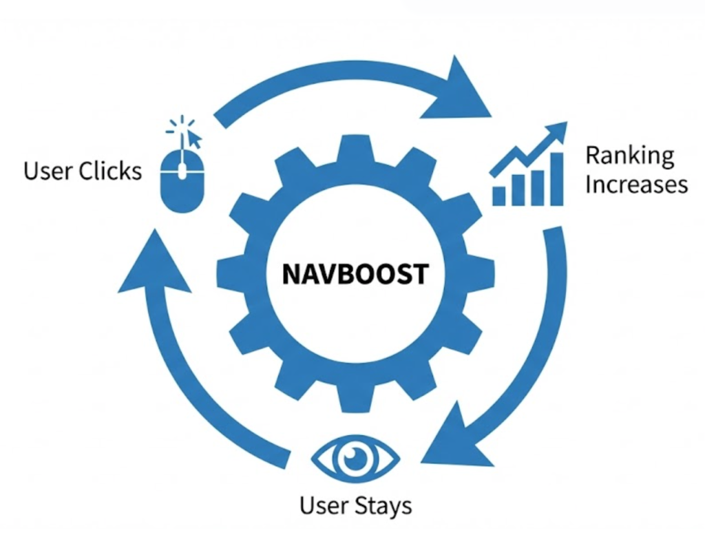A circular diagram showing the Navboost feedback loop: User Clicks lead to User Engagement, which leads to Higher Rankings.
