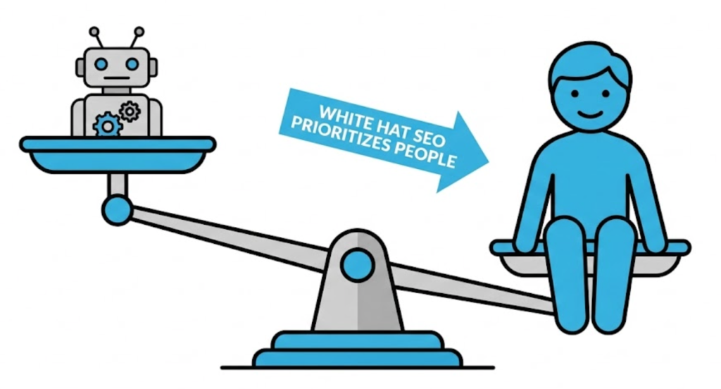 A balance scale illustration showing that White Hat SEO places significantly more weight and importance on the human user than on the search engine robot.