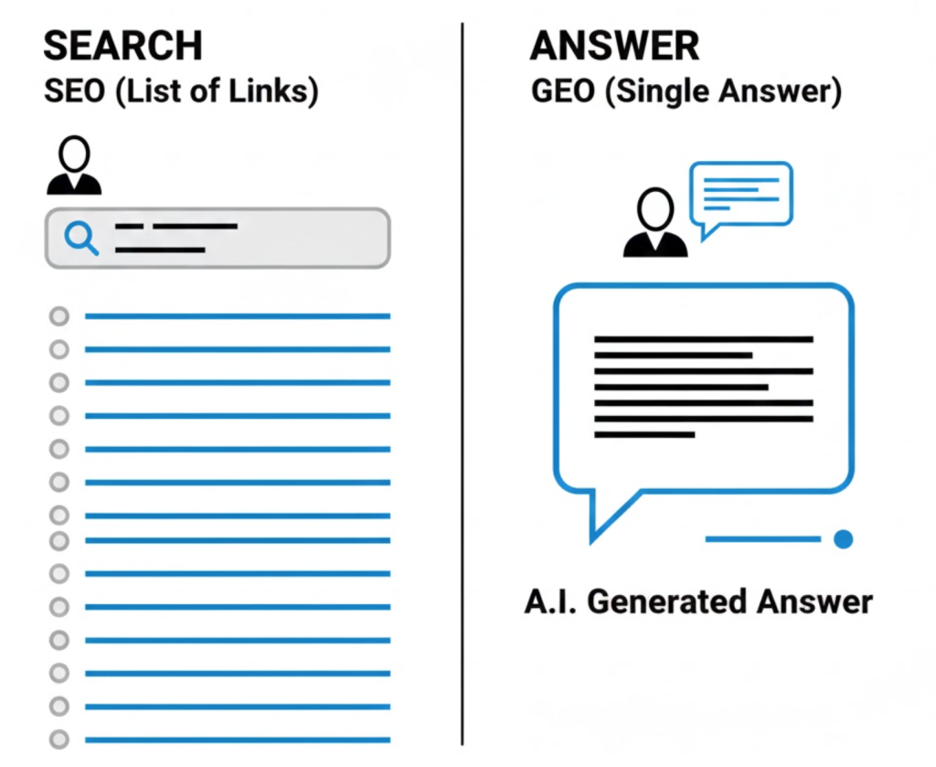 A visual comparison showing traditional SEO as a list of links versus GEO as a direct conversational answer from an AI.