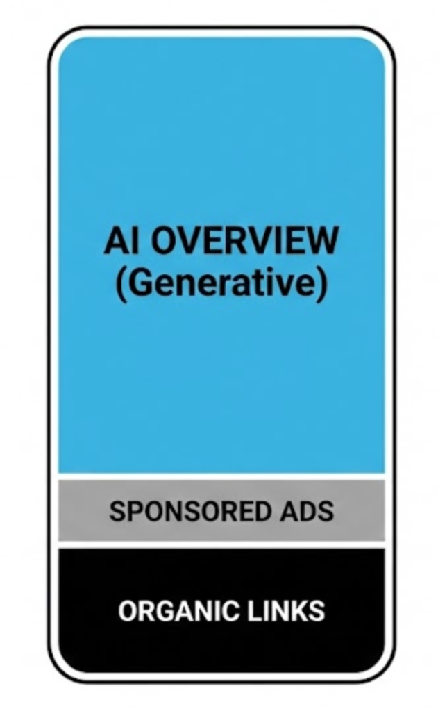 A diagram of the 'SERP Sandwich' layout, showing how the AI Overview pushes organic results to the bottom of the mobile screen.
