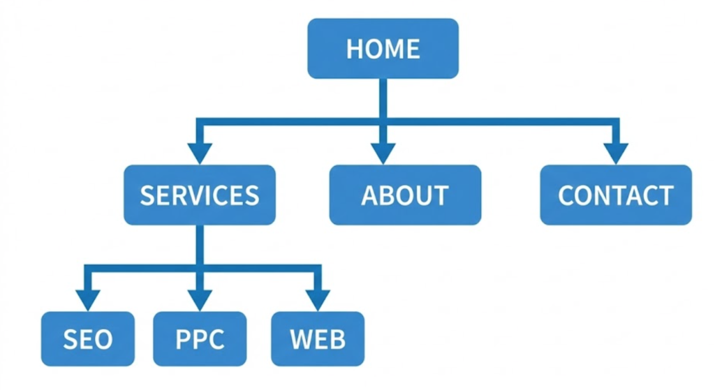 A pyramid diagram showing a logical website hierarchy (Home > Services > Sub-services) which encourages Google to generate Sitelinks.