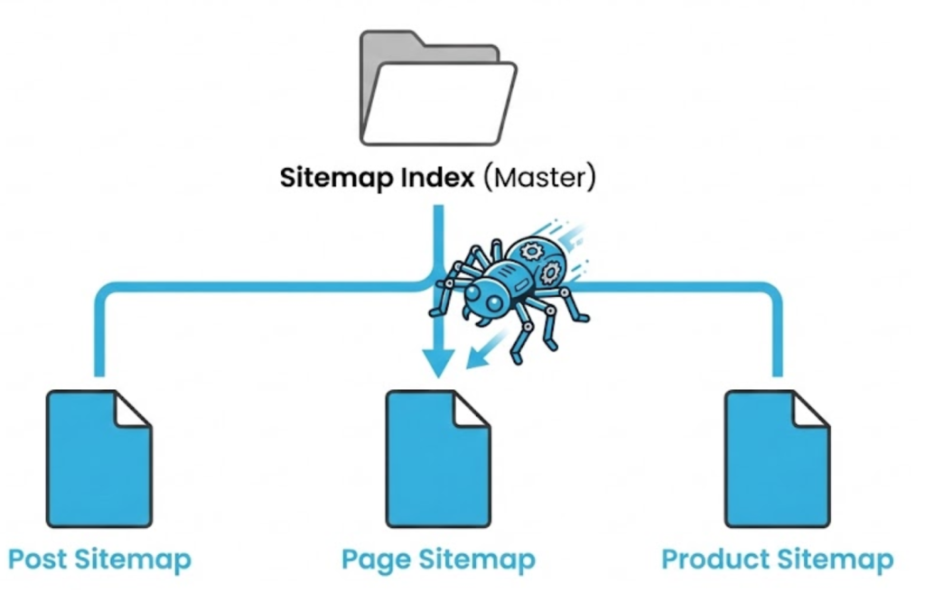 A visual diagram showing how a Sitemap Index acts as a master folder containing multiple sub-sitemaps for posts, pages, and products.