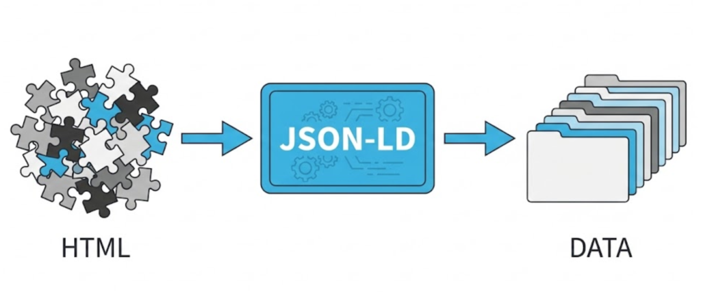 A visual diagram showing how JSON-LD acts as a filter, turning messy HTML code into organized Data cards for Google.