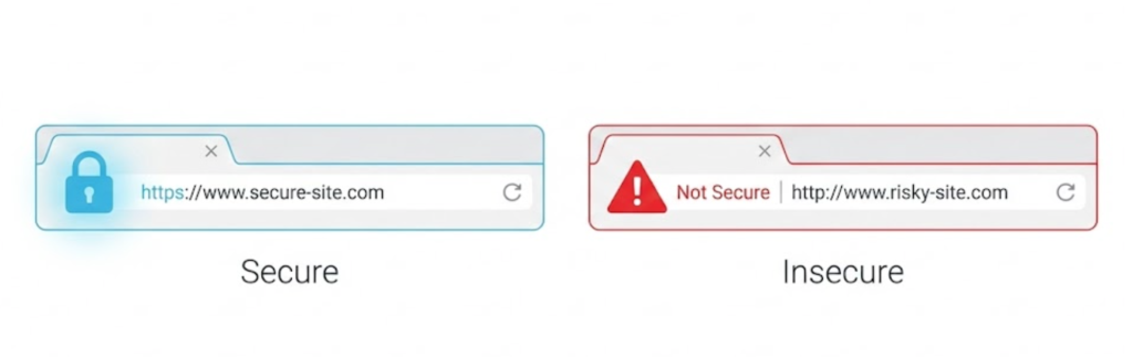 A vector illustration showing a side-by-side comparison of a secure HTTPS browser address bar with a blue padlock, versus an insecure HTTP address bar with a red 'Not Secure' warning.