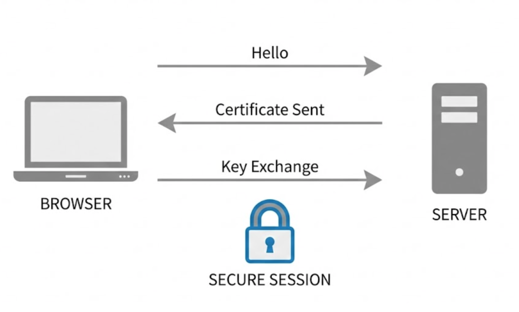 A visual flow diagram explaining the 'SSL Handshake' process where a browser and server exchange keys to establish a secure connection.