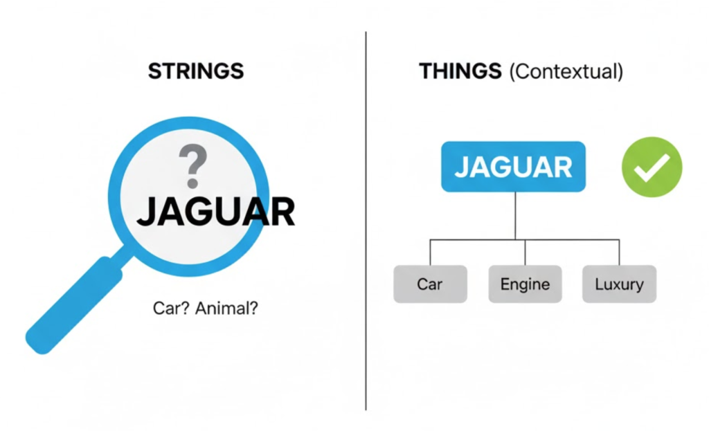 A visual comparison showing the old 'Strings' method where Google only read text (ambiguous) versus the new 'Things' method where Google understands context and relationships.