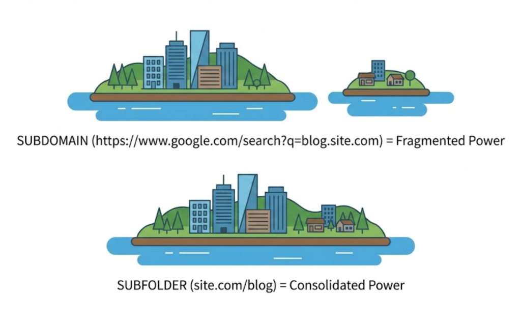 A visual metaphor showing Subdomains as separate islands (fragmented authority) versus Subfolders as one large island (consolidated authority).