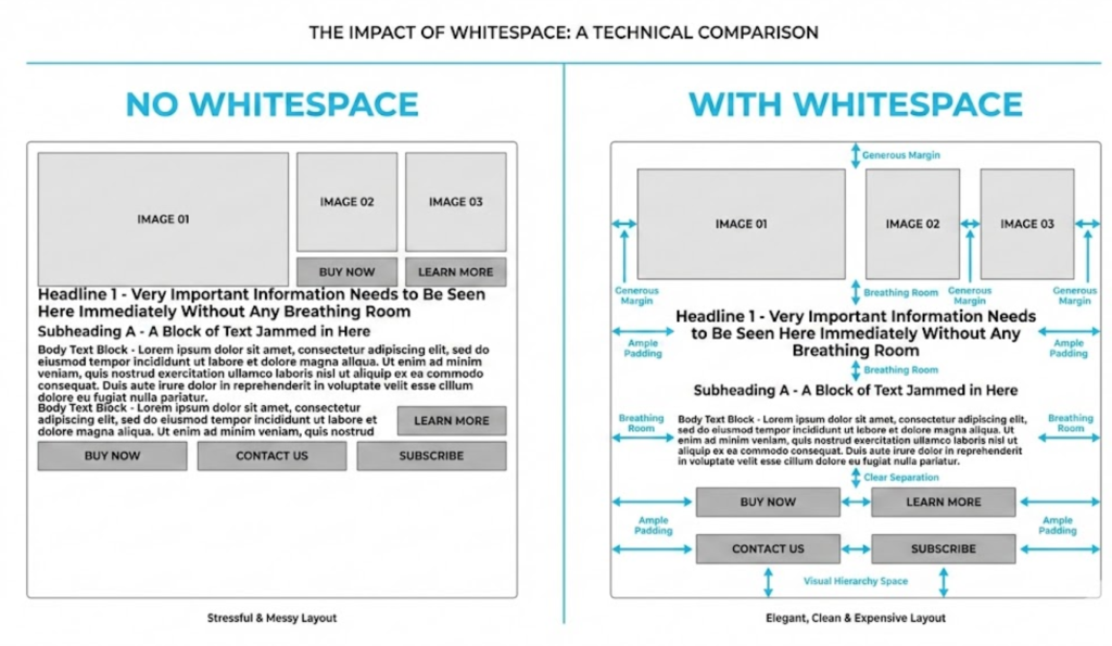 A visual comparison showing a cramped, cluttered layout versus a spacious, elegant layout, illustrating how whitespace improves readability and design quality.