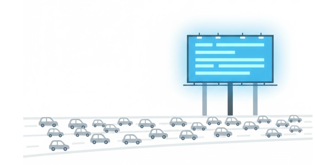A vector illustration of a bright billboard on a digital highway, symbolizing the marketing power of an SEO Title Tag.