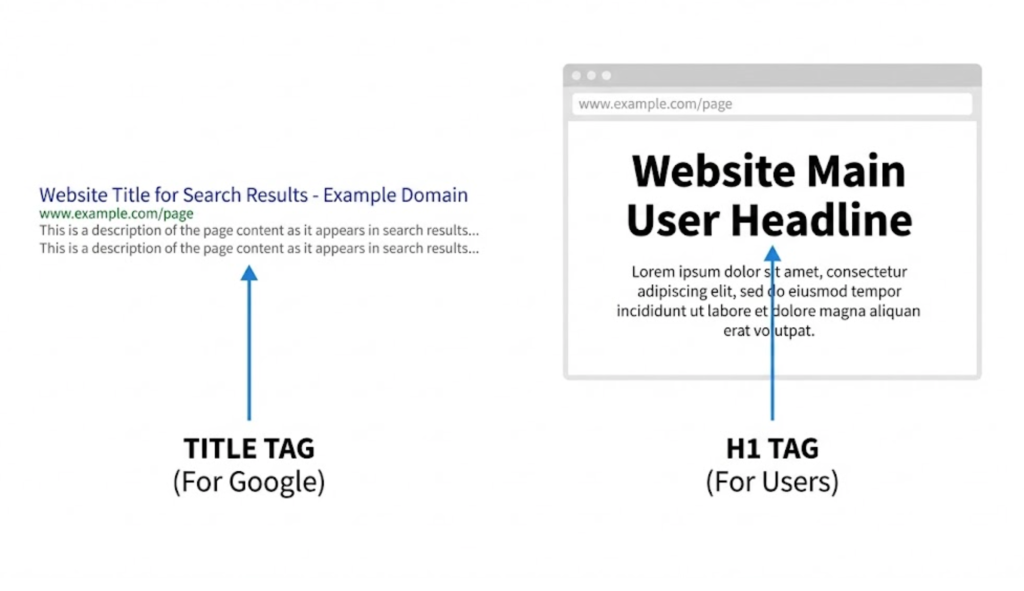 A visual comparison showing the difference between the Title Tag (visible in Google search results) and the H1 Tag (visible on the webpage itself).