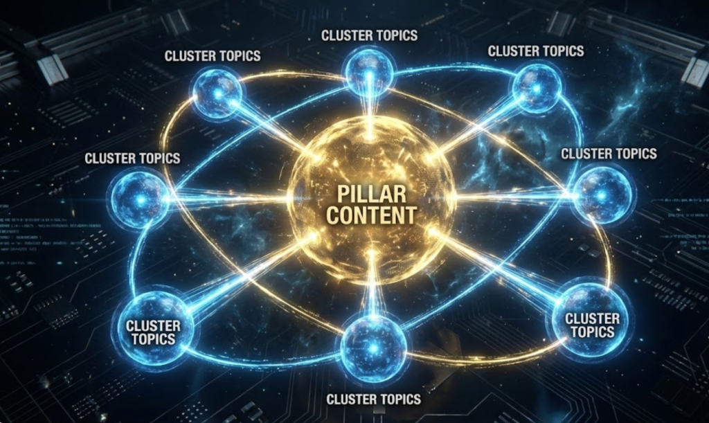 An illustration of a topic cluster, showing the pillar content in the middle alongside related blogs and articles linking to it.