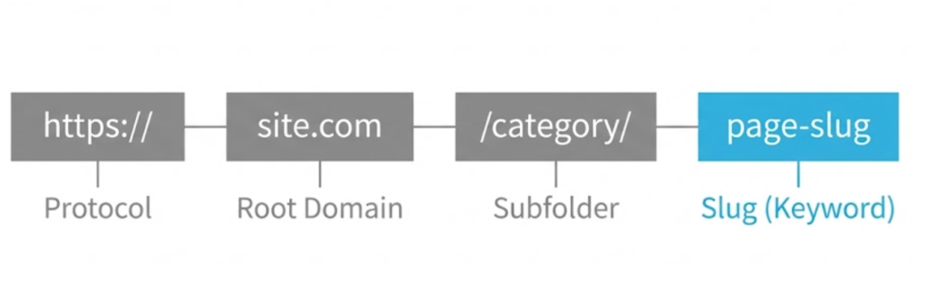 A technical diagram dissecting a URL into Protocol, Domain, Subfolder, and Slug.