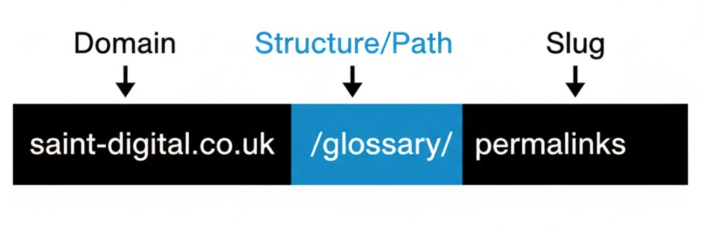 A diagram breaking down the components of a URL into Domain, Structure, and Slug.