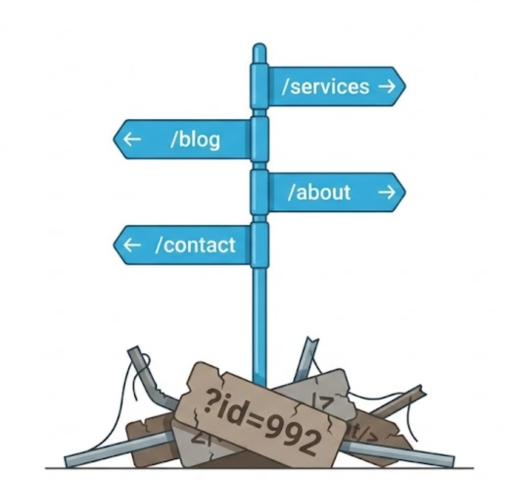 A vector illustration of clean, organized street signs labeled with website paths like /services and /blog, symbolizing clear URL structure.