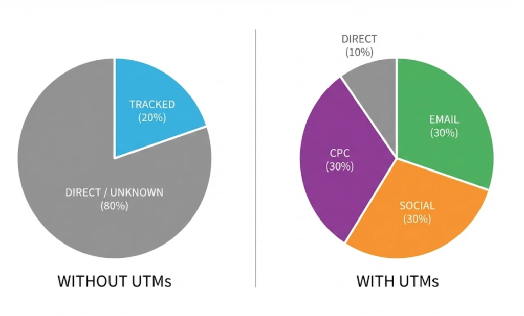 A comparison of two pie charts showing how using UTM parameters reduces 'Unknown/Direct' traffic and reveals specific traffic sources like Email and Social.