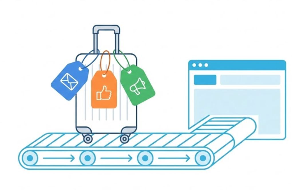 A vector illustration of a suitcase on a conveyor belt with multiple source tags (email, social, ads) attached, symbolizing tracked traffic arriving at a website.