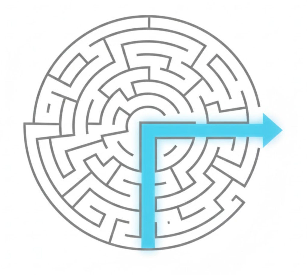 A vector illustration of a maze with a clear, highlighted blue path cutting straight through it, symbolizing the efficiency of good User Experience (UX).