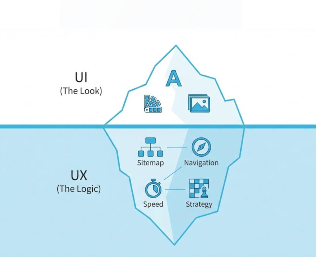 An iceberg diagram showing UI as the visible tip (colors, fonts) and UX as the massive hidden structure (navigation, strategy, speed) underneath.