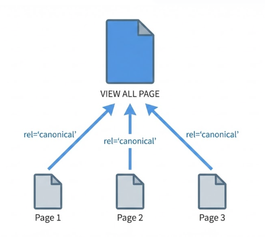 A technical diagram showing how paginated pages should point their canonical tag to a 'View All' page to consolidate SEO signals.