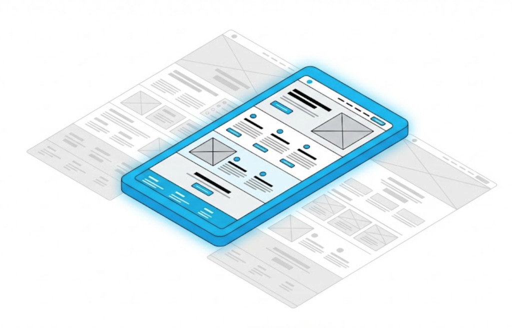 A conceptual illustration showing the Viewport as a 'frame' or window that determines which part of a website is visible to the user at any given moment.