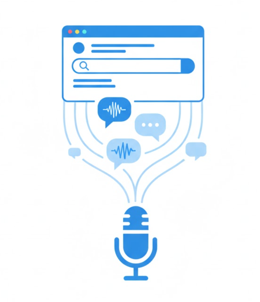 A vector illustration of a microphone icon emitting stylized sound waves in blue, symbolizing voice search technology.