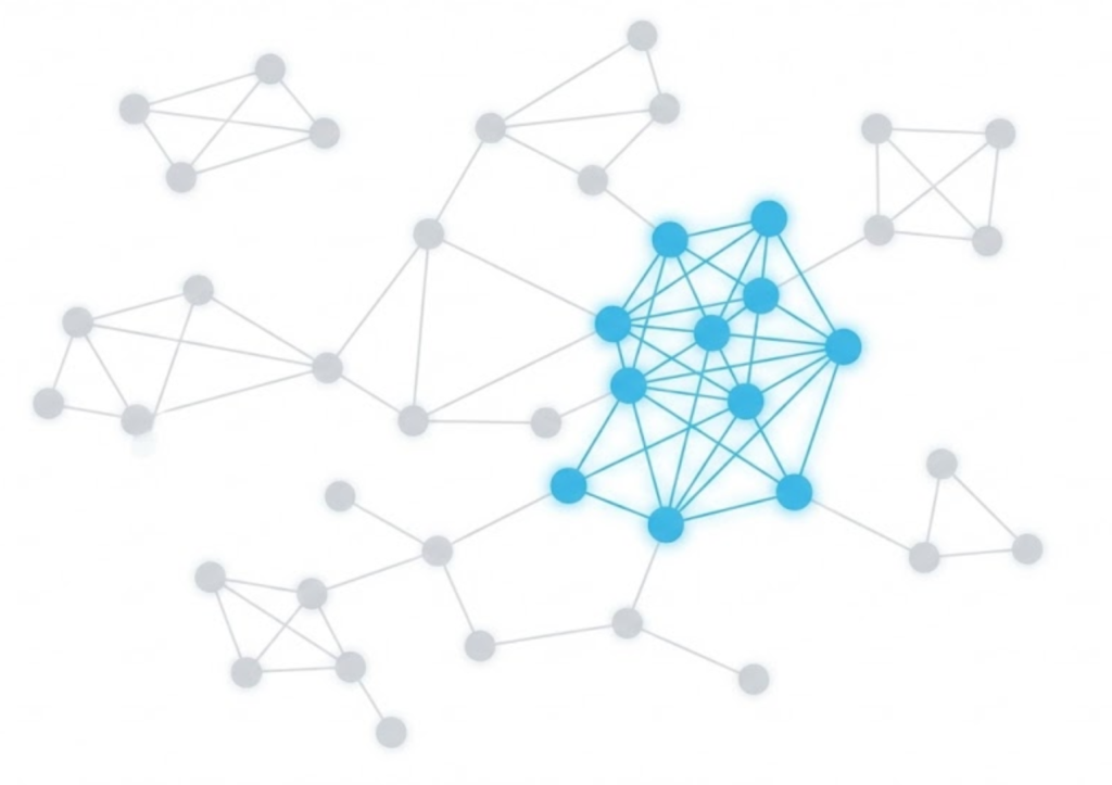 A vector illustration of a neural network with clustered nodes, symbolizing how vector search groups related concepts together.