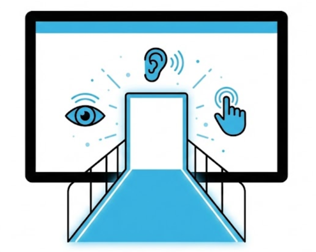 A vector illustration of a website with an access ramp and sensory icons, symbolizing Web Accessibility and the practice of designing for all users.