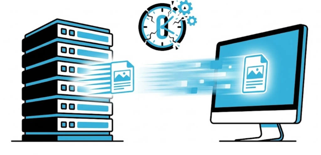 A vector illustration of a server instantly delivering a cached website snapshot to a user, symbolizing high-speed web performance.
