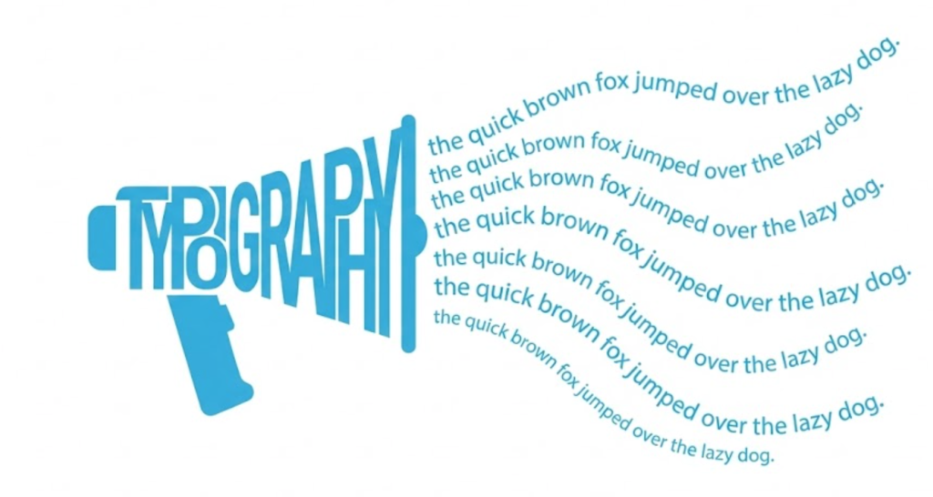 A vector illustration of a megaphone constructed from letters projecting lines of text, symbolizing typography as the voice of the web.
