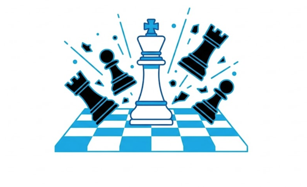 A vector illustration of a white chess king standing firm on a board while black pieces tumble around it, symbolizing the triumph of White Hat SEO strategies over black hat tactics.