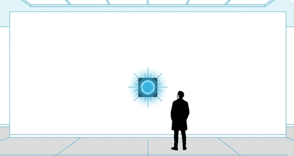 An illustration of a man in an art gallery examining a painting on a wall that is otherwise white and empty (just like Whitespace).