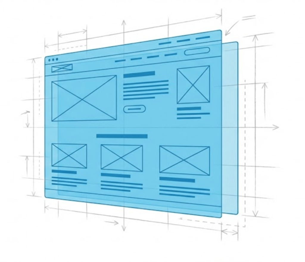 A vector illustration of a website wireframe blueprint, showing the structural layout of a page before design elements are added.