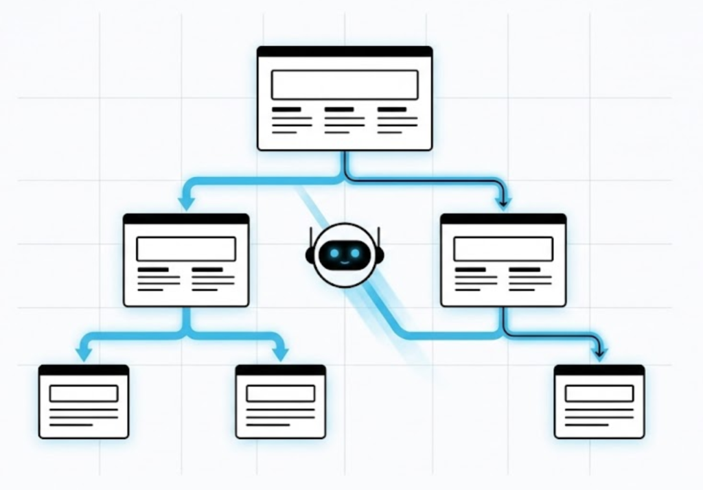A vector illustration of a website sitemap structure, depicted as a digital roadmap with a search bot navigating clearly defined paths between pages.