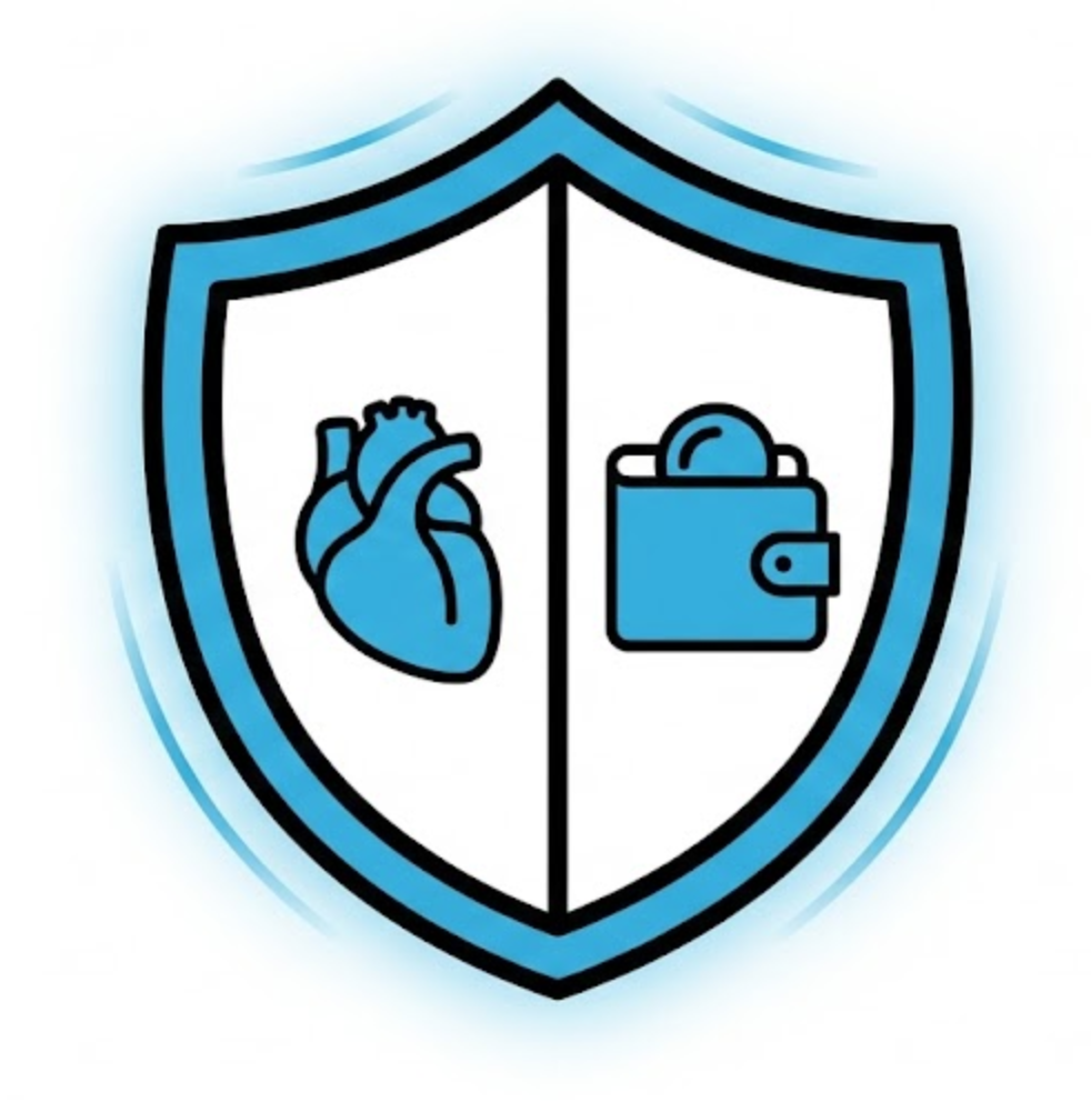 A vector illustration of a blue and black shield containing a heart and a wallet, symbolizing the
