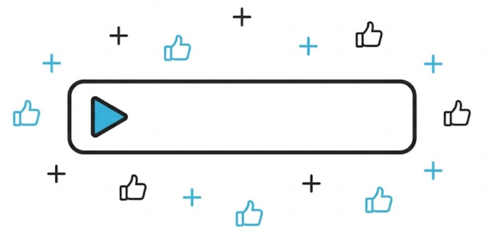 A vector illustration of a search bar featuring a blue play button, symbolizing the intersection of Search Engine Optimization and Video content.