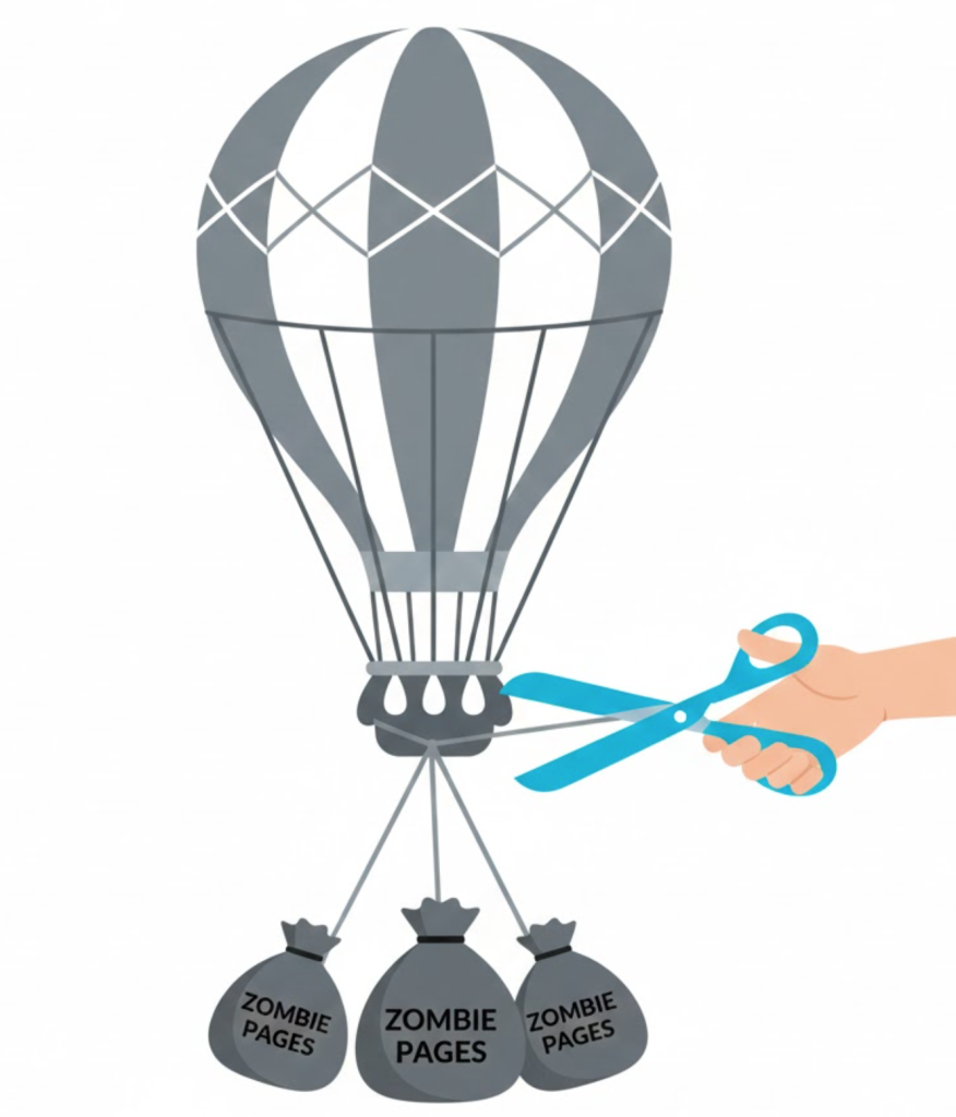 A hot air balloon being weighed down by 'Zombie Page' sandbags, representing how low-quality content holds back SEO performance.