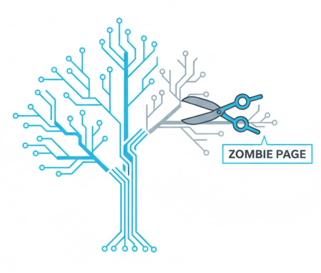 A digital illustration of a tree being pruned of dead